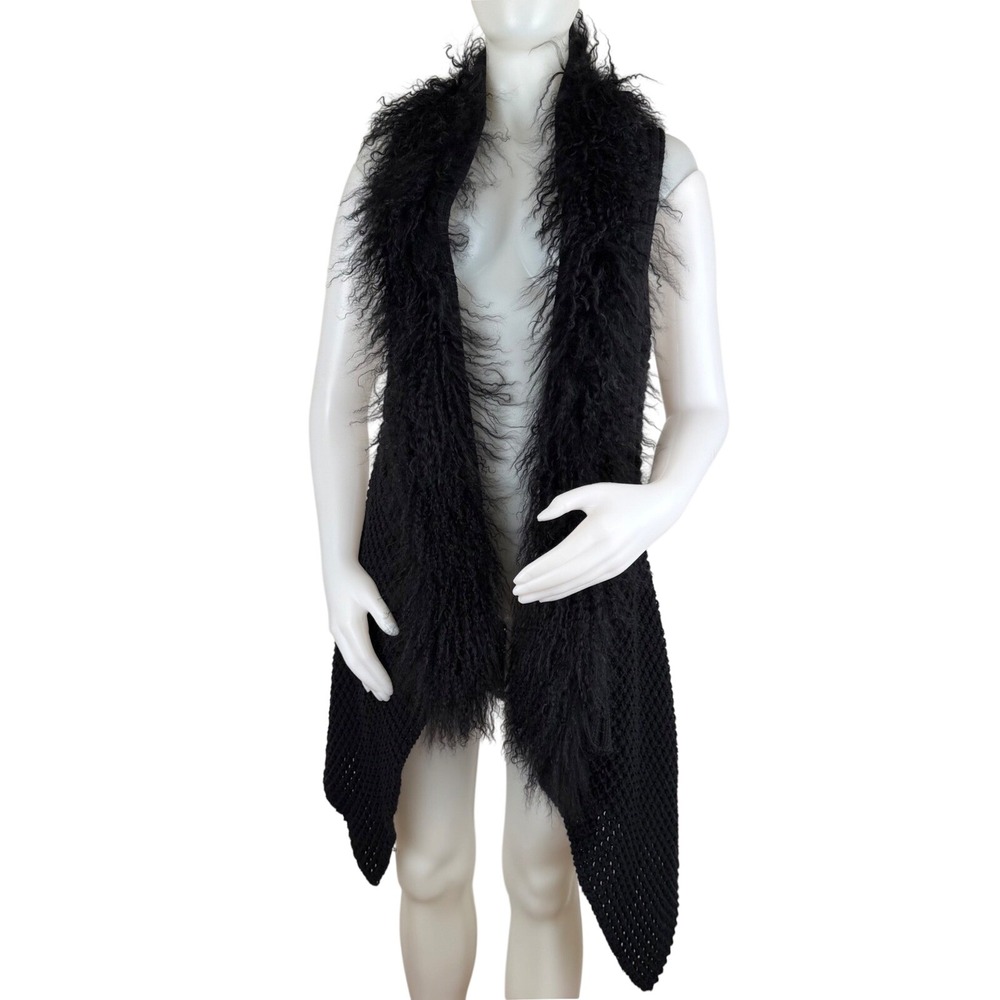 Adore Black Chunky Knit Vest Genuine Lamb Fur Trim Asymmetrical Open Front M